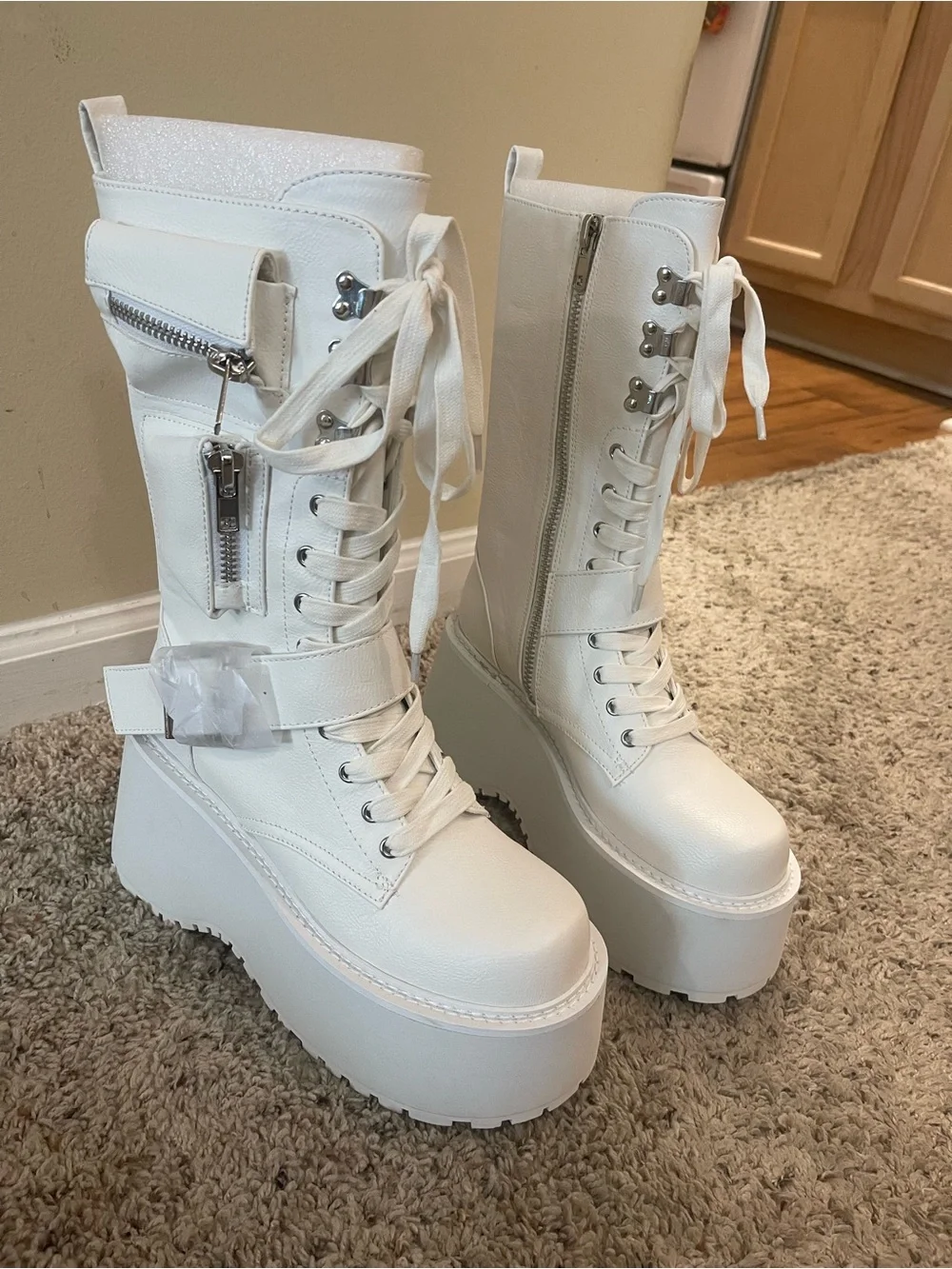 White Platform Lace-Up Zip Combat Boots with Buckle Strap